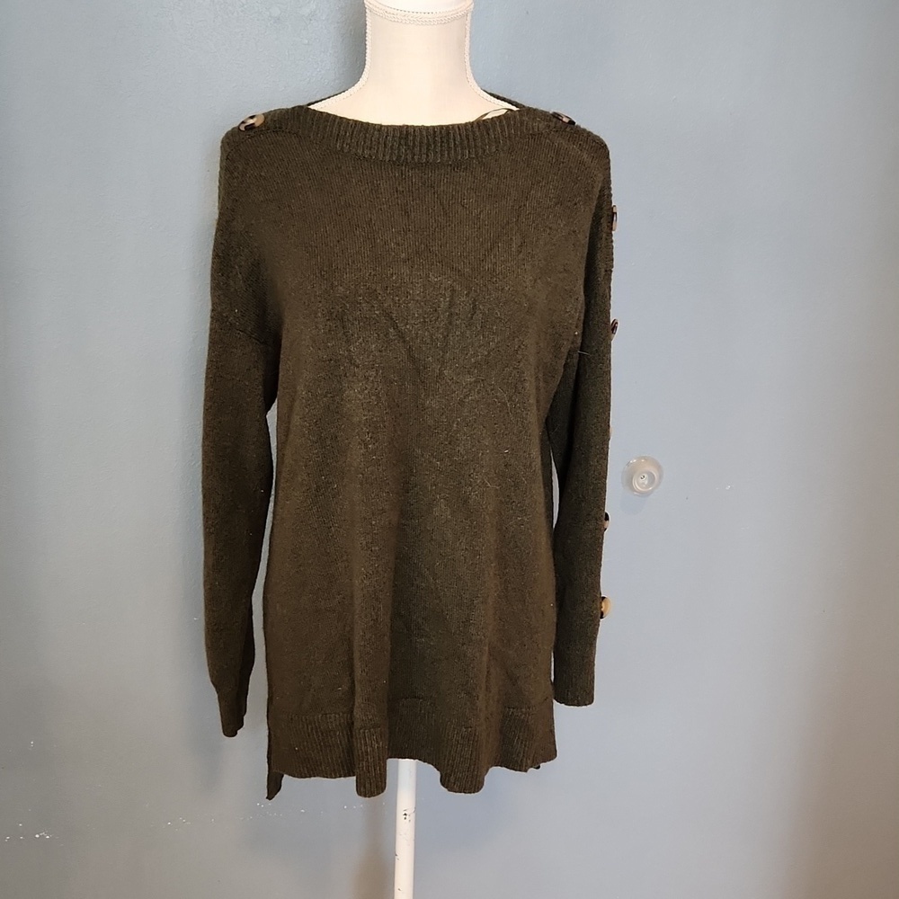 Reunited scoop neck high low hem buttons accent sleeves sweater